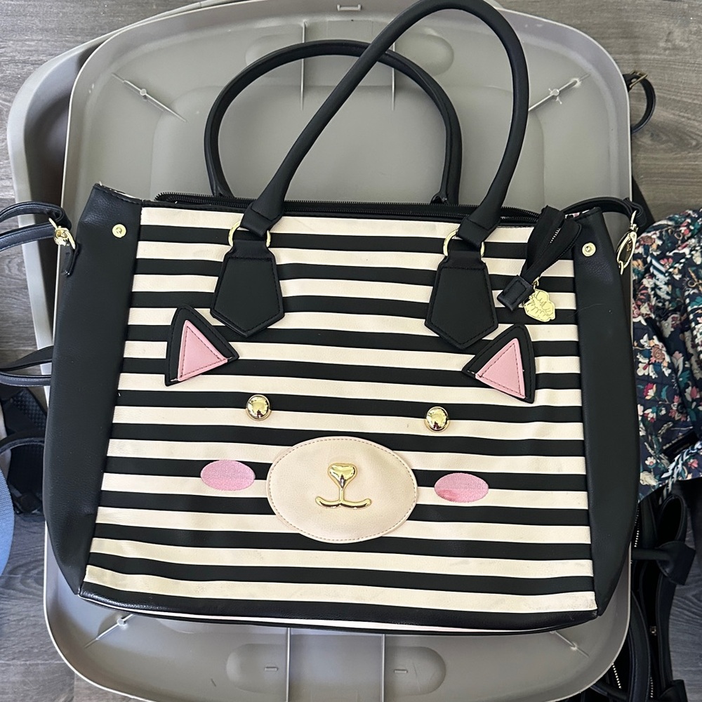 Betsey Johnson Black and White Striped Cat Tote